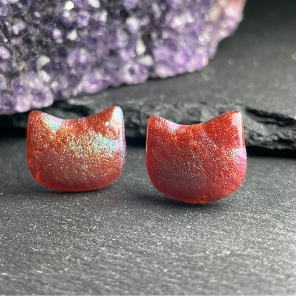 Stud Earrings Sparkly Glitter Cat Stud Hand Poured Resin 
Post Earrings - Picture 6 of 10
